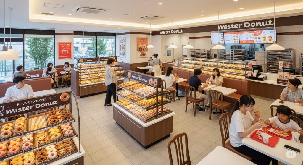 【ミスド 何個から箱】ミスド店内の様子 ドーナツを選んだり飲食したりする人々