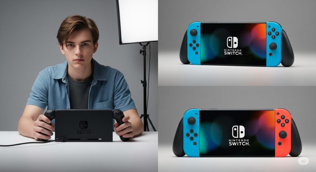 【Nintendoスイッチ2 予約】男性が持つ据え置き型ゲーム機と携帯型ゲーム機