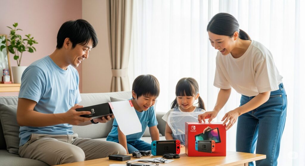 【Nintendoスイッチ2 予約】家族でNintendo Switchを開封して喜ぶ様子