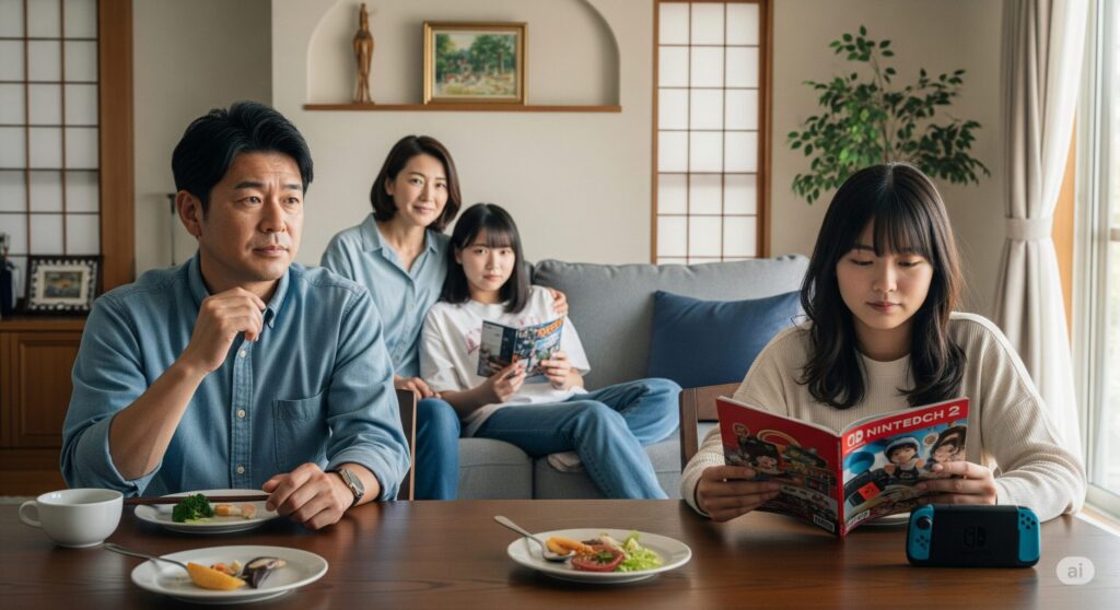 【スイッチ 2 いらない】食卓で食事をする父親とゲーム雑誌を読む娘、ソファで寄り添う母親と娘