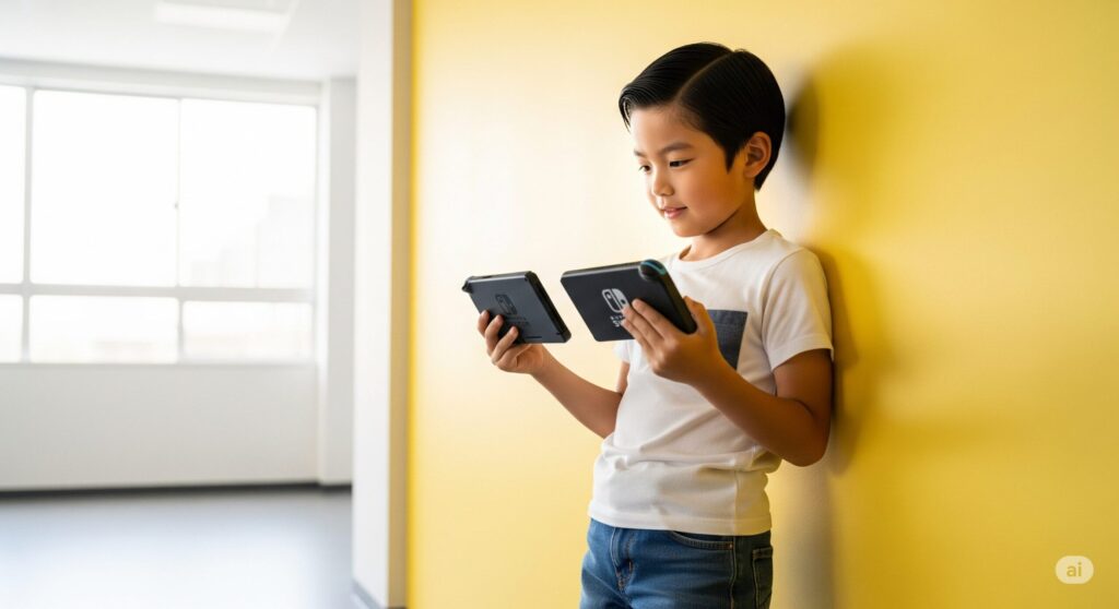 【スイッチ 2 いらない】黄色い壁に寄りかかり携帯ゲーム機で遊ぶ男の子