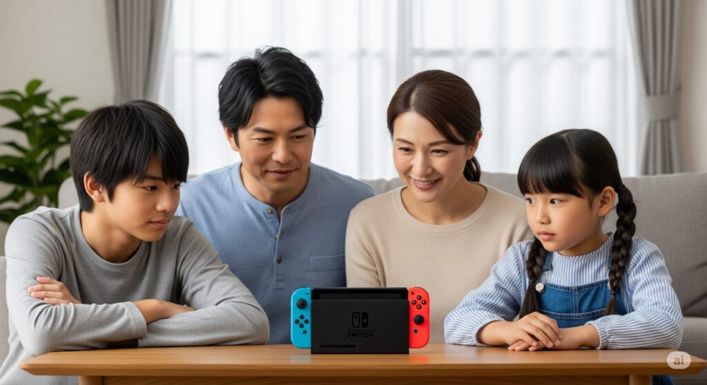 【スイッチ 2 いらない】家族でゲーム機を見ている風景