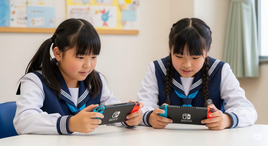 【スイッチ2 ライト】制服を着た二人の女の子が机でニンテンドースイッチを遊んでいる様子