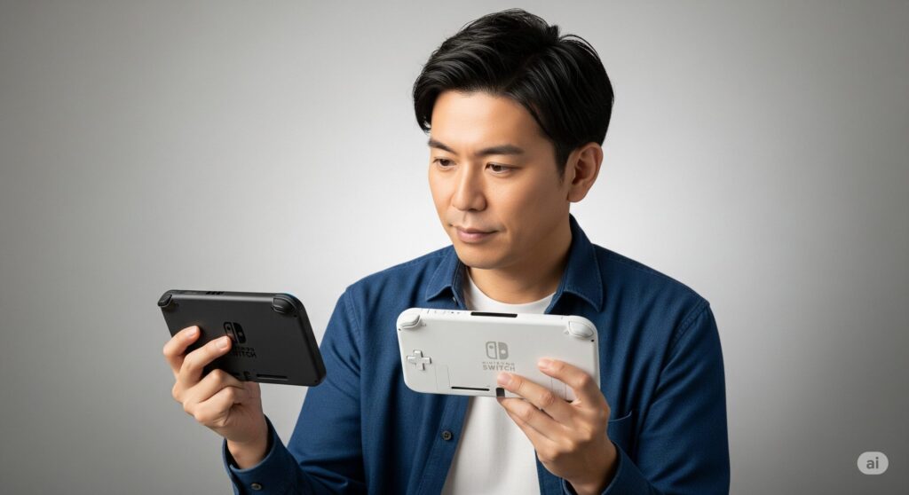 【スイッチ2 ライト】男性が黒と白の携帯ゲーム機を持つ写真